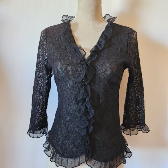 JohnPaulRichard Tops - Uniform John Paul Richard Women's Size M Black Sheer Ruffle Lace Faux Button Top